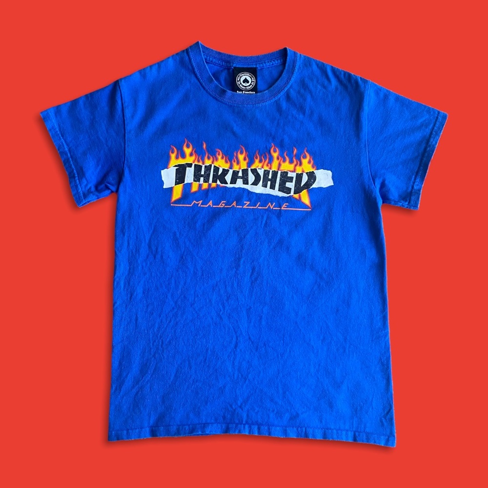 Thrasher Magazine Ripped Flame Flaming Tear Logo Short Sleeve T-Shirt in Blue